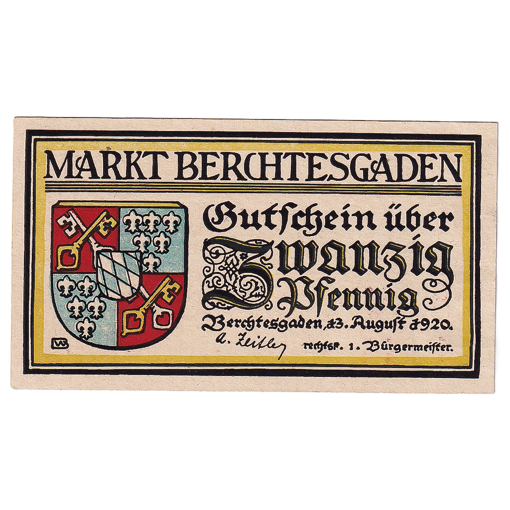 Banknote, Germany, Berchtesgaden, 20 Pfennig, Blason, 1920, UNC(63) Mehl:76.3