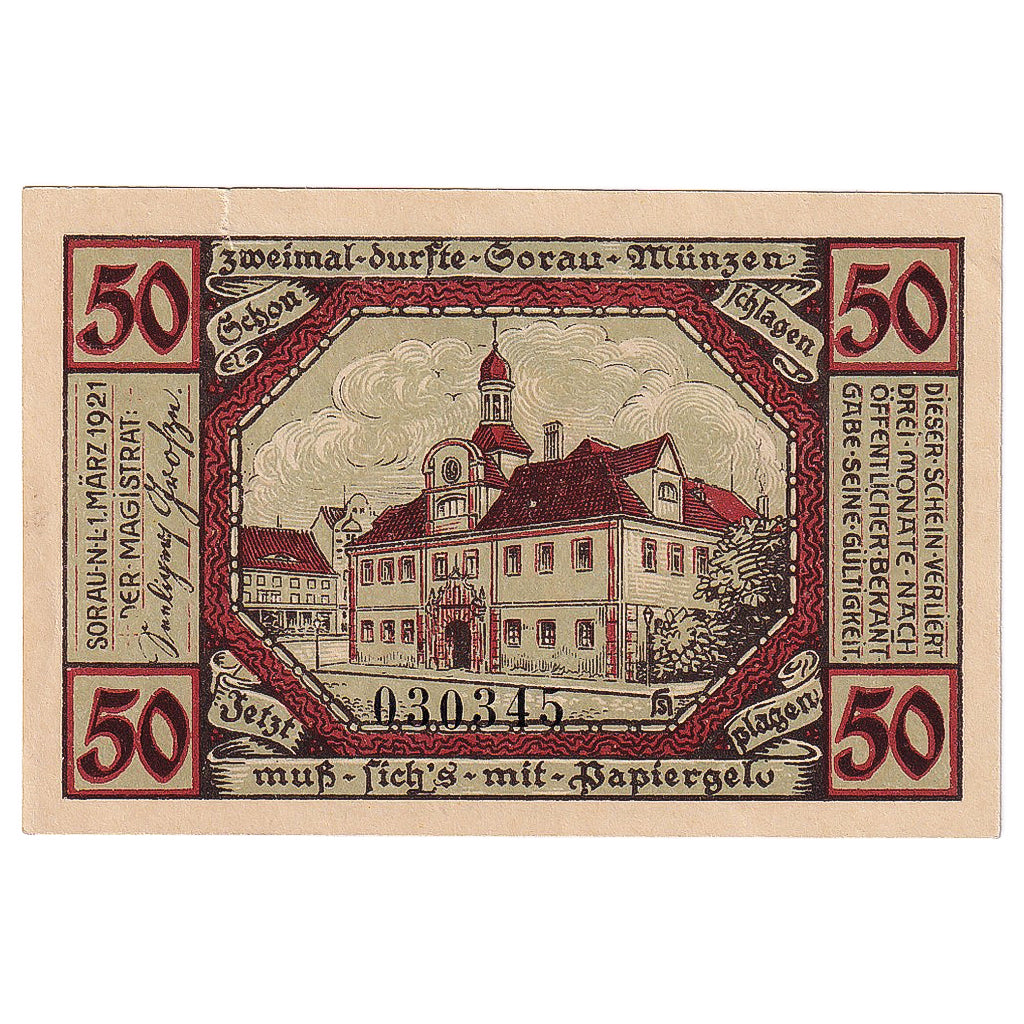 Billet, Allemagne, Sorau, 50 Pfennig, mairie, 1921, 1921-03-01, SPL, Mehl:1247.1
