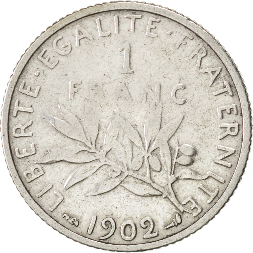 FRANCE, Semeuse, Franc, 1902, Paris, KM #844.1, VF(20-25), Silver, 23, Gadoury..
