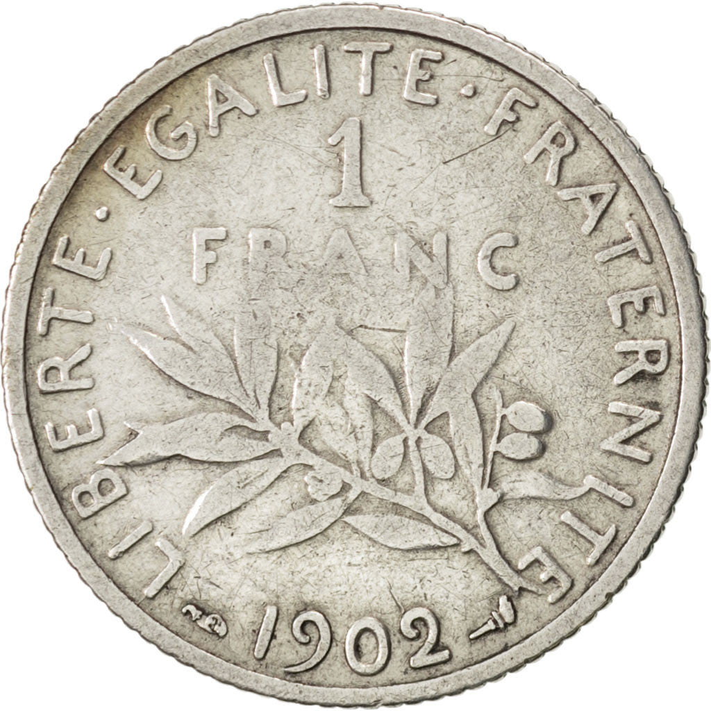 FRANCE, Semeuse, Franc, 1902, Paris, KM #844.1, VF(20-25), Silver, 23, Gadoury..