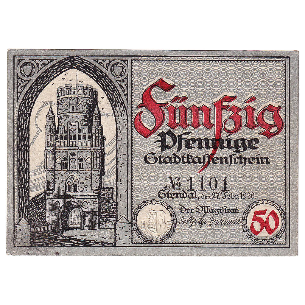 Banknote, Germany, Stendal, 50 Pfennig, château, 1921 UNC(63) Mehl:1267.1