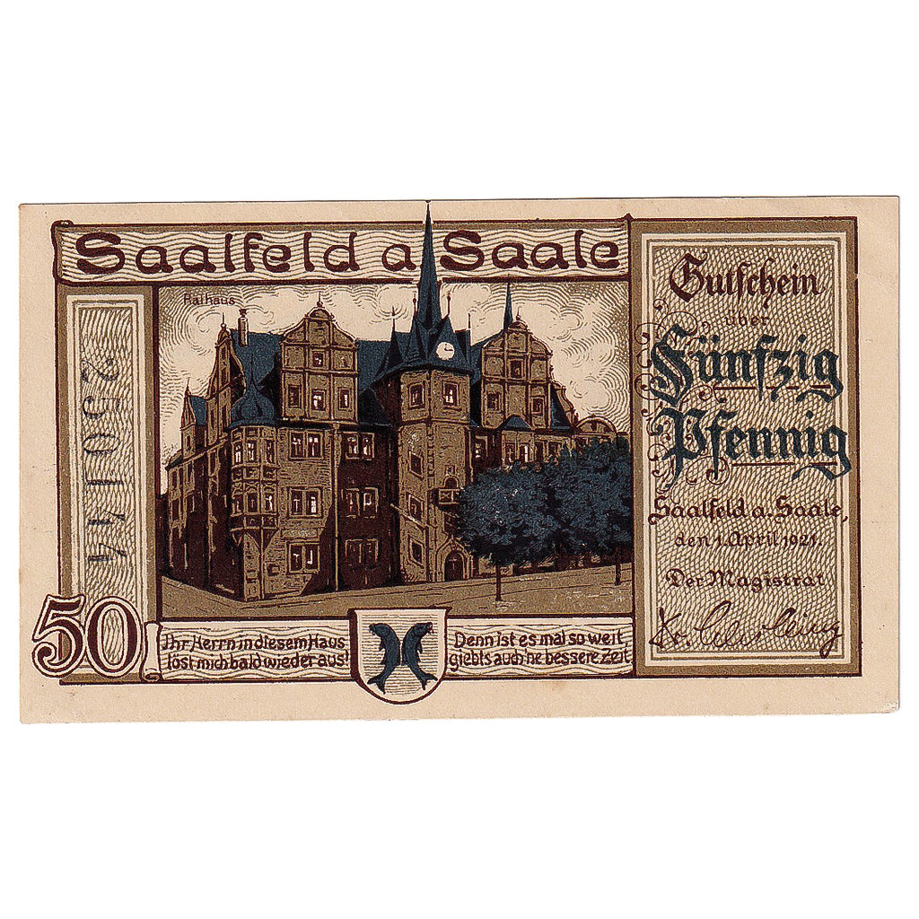 Banknote, Germany, Saalfeld, 50 Pfennig, personnage, 1921 UNC(63) Mehl:1155.2
