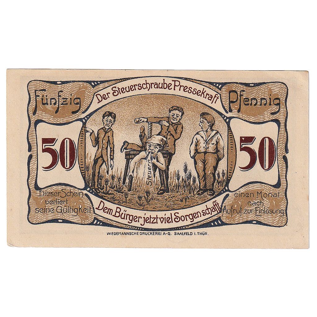 Banknote, Germany, Saalfeld, 50 Pfennig, personnage, 1921 UNC(63) Mehl:1155.2