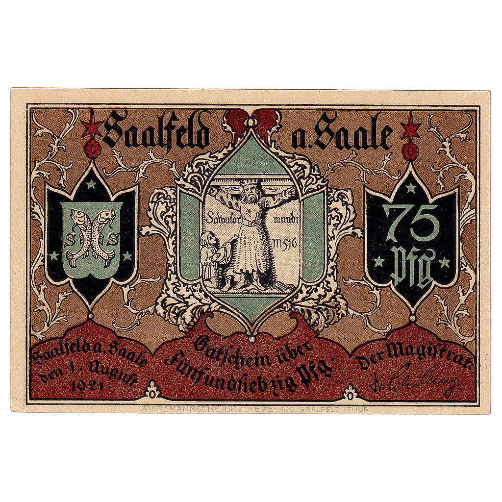 Banknote, Germany, Saalfeld, 75 Pfennig, rue, 1921, UNC(63) Mehl:1155.5a