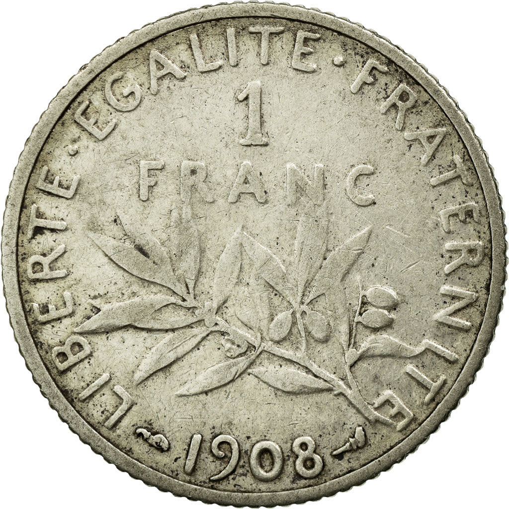 Coin, France, Semeuse, Franc, 1908, VF(30-35), Silver, KM:844.1, Gadoury:467