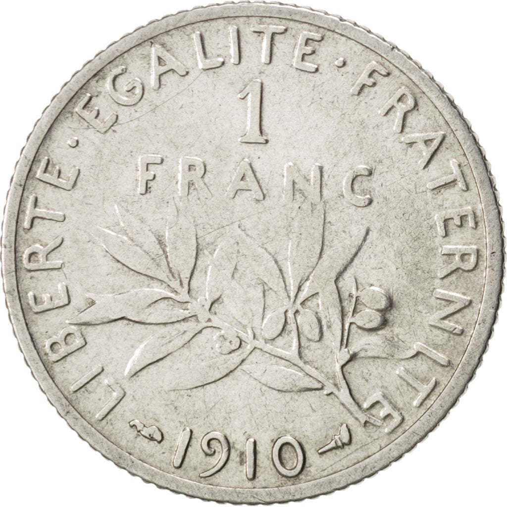 FRANCE, Semeuse, Franc, 1910, Paris, KM #844.1, VF(20-25), Silver, 23, Gadoury..