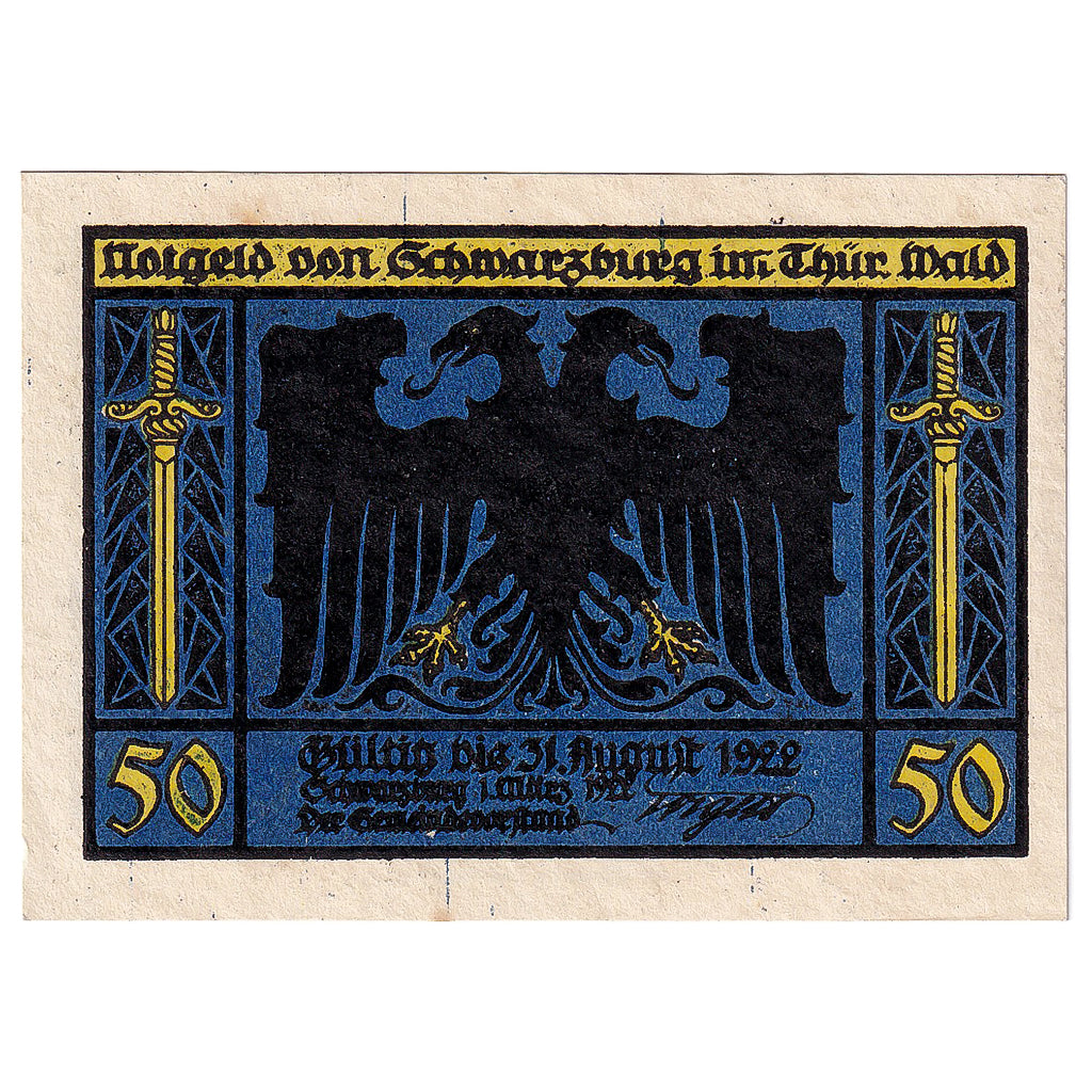 Banknote, Germany, schwarzburg, 50 Pfennig, épée 1922 UNC(63) Mehl:1208.2