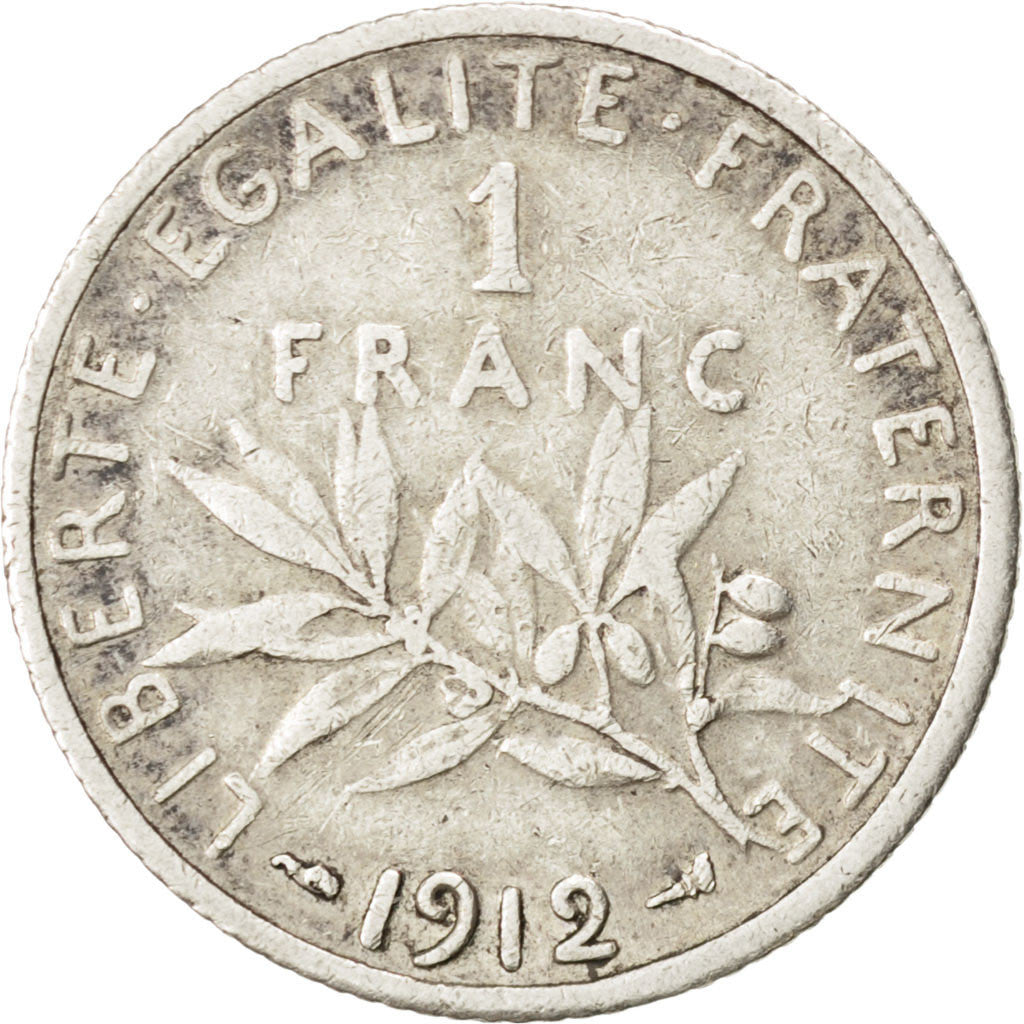 Coin, France, Semeuse, Franc, 1912, VF(30-35), Silver, KM:844.1, Gadoury:467