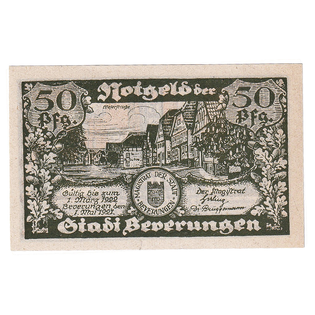 Banknote, Germany, Beverungen, 50 Pfennig, personnage, 1922 UNC(63) Mehl:99.1