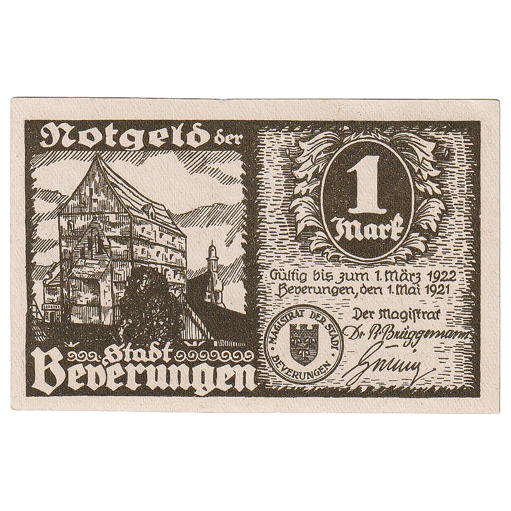 Banknote, Germany, Beverungen, 1 Mark, personnage, 1922 UNC(63) Mehl:99.1