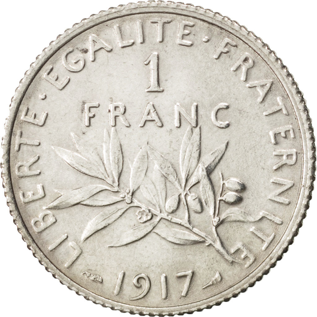 FRANCE, Semeuse, Franc, 1917, Paris, KM #844.1, AU(55-58), Silver, 23, Gadoury..