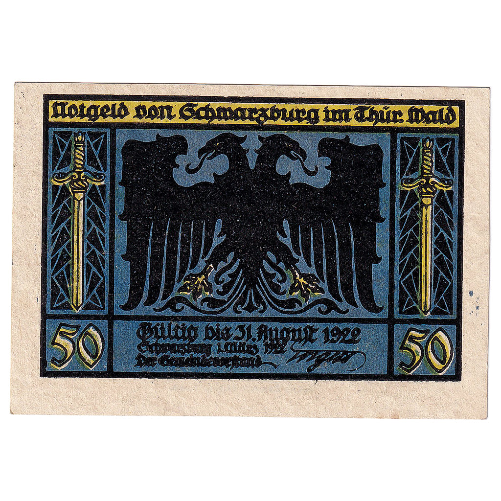Billet, Allemagne, schwarzburg, 50 Pfennig, aigle 1922-08-31, SPL Mehl:1208.2