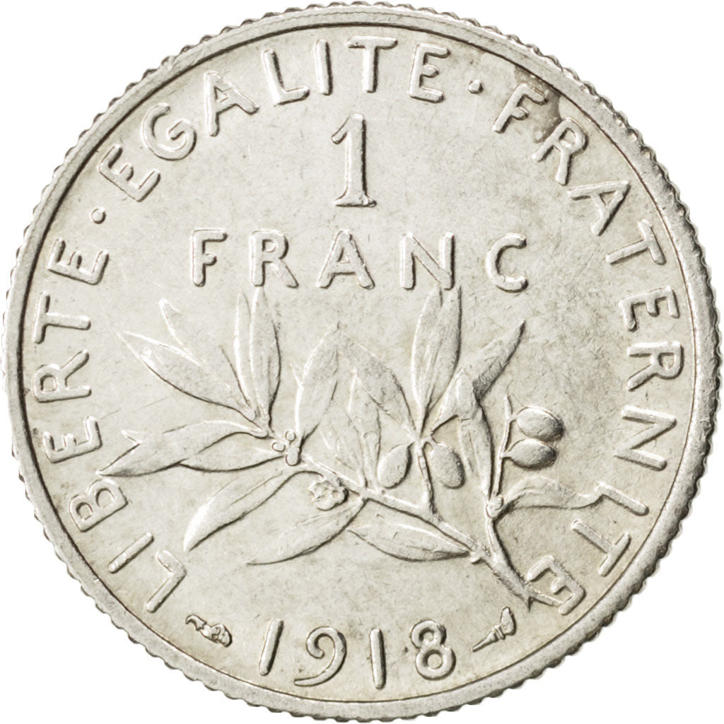 FRANCE, Semeuse, Franc, 1918, Paris, KM #844.1, AU(55-58), Silver, 23, Gadoury..