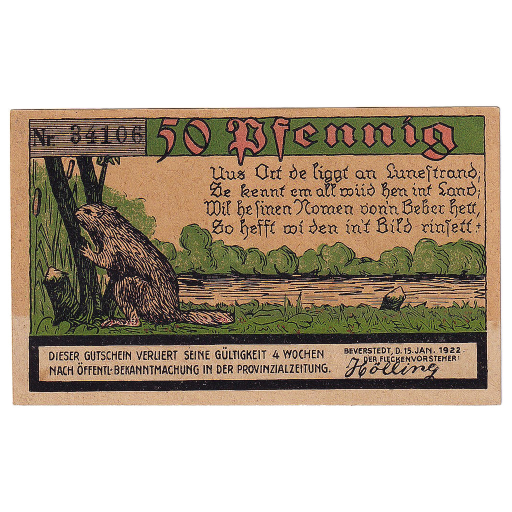 Banknote, Germany, Beverstedt, 50 Pfennig, castor, 1922 AU(55-58) Mehl:98.1