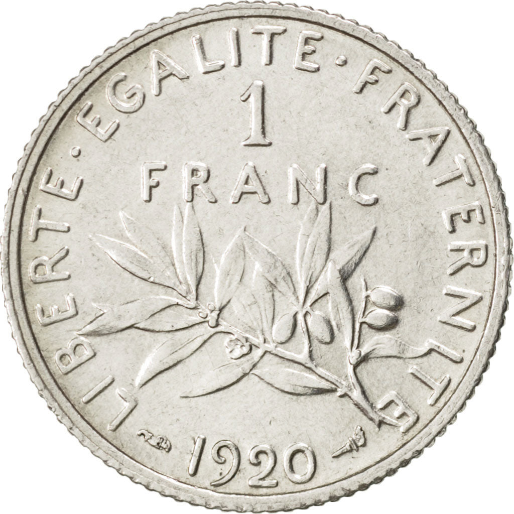 FRANCE, Semeuse, Franc, 1920, Paris, KM #844.1, AU(55-58), Silver, 23, Gadoury..
