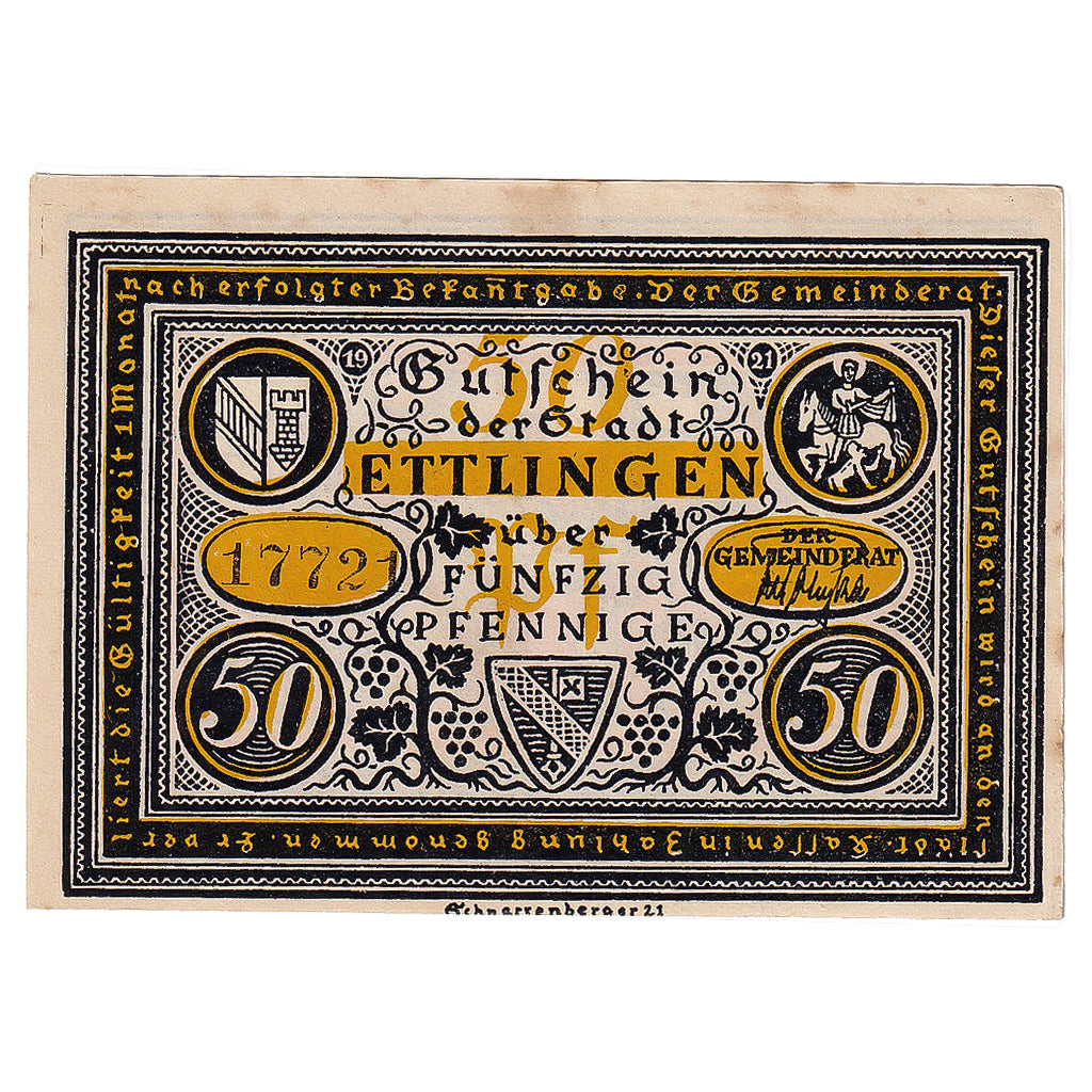 Geldschein, Deutschland, Ettlingen 50 Pfennig, personnage 2, 1921 VZ Mehl:355.1a