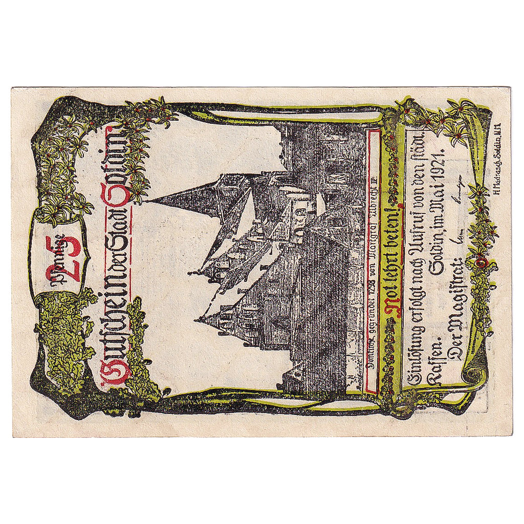 Banknote, Germany, Soldin, 25 Pfennig, Eglise, 1921, UNC(63), Mehl:1235.2a