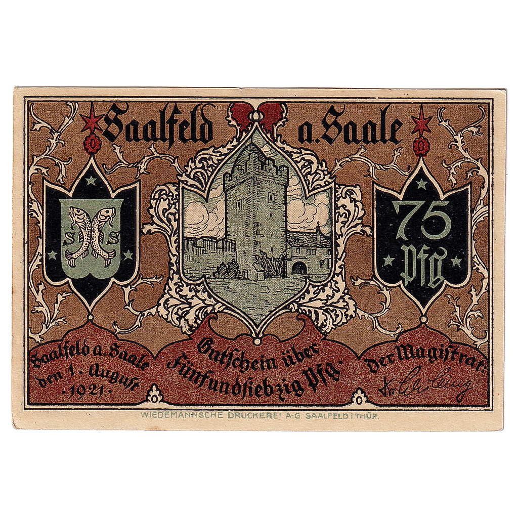Banknote, Germany, Saalfeld, 75 Pfennig, château 1, 1921 UNC(63) Mehl:1155.5a