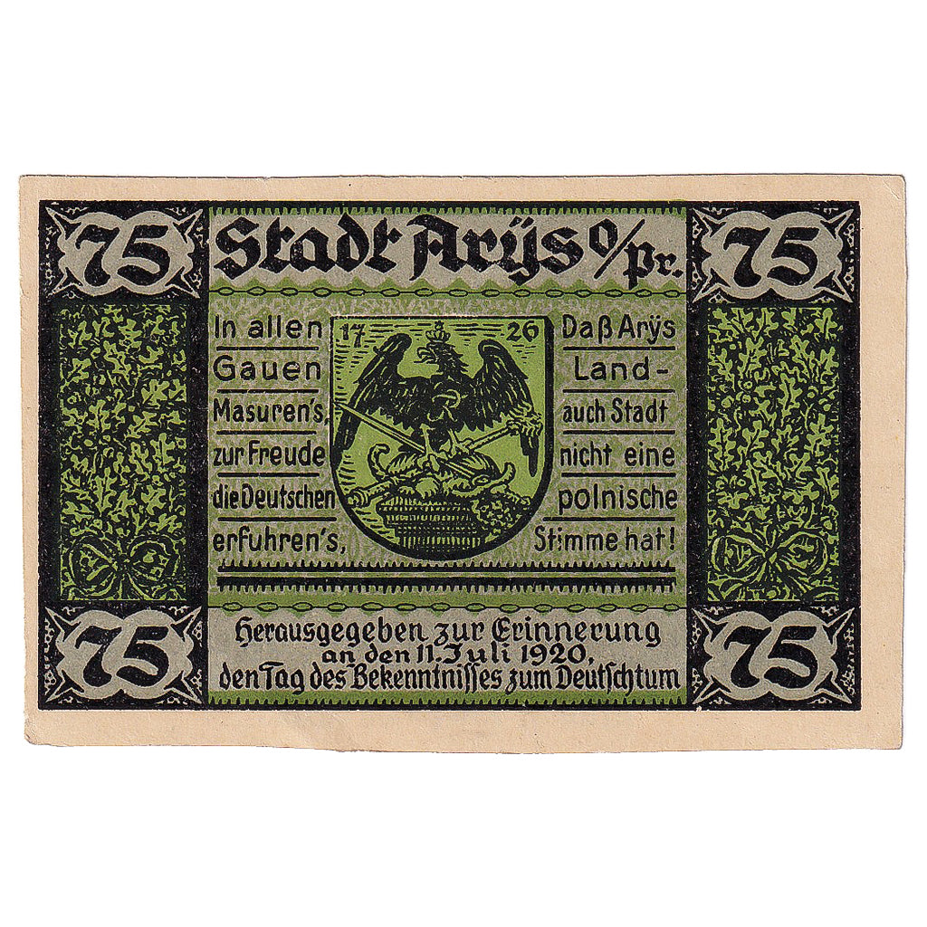 Banknote, Germany, Arys, 75 Pfennig, aigle, 1921 UNC(63) Mehl:47.1b