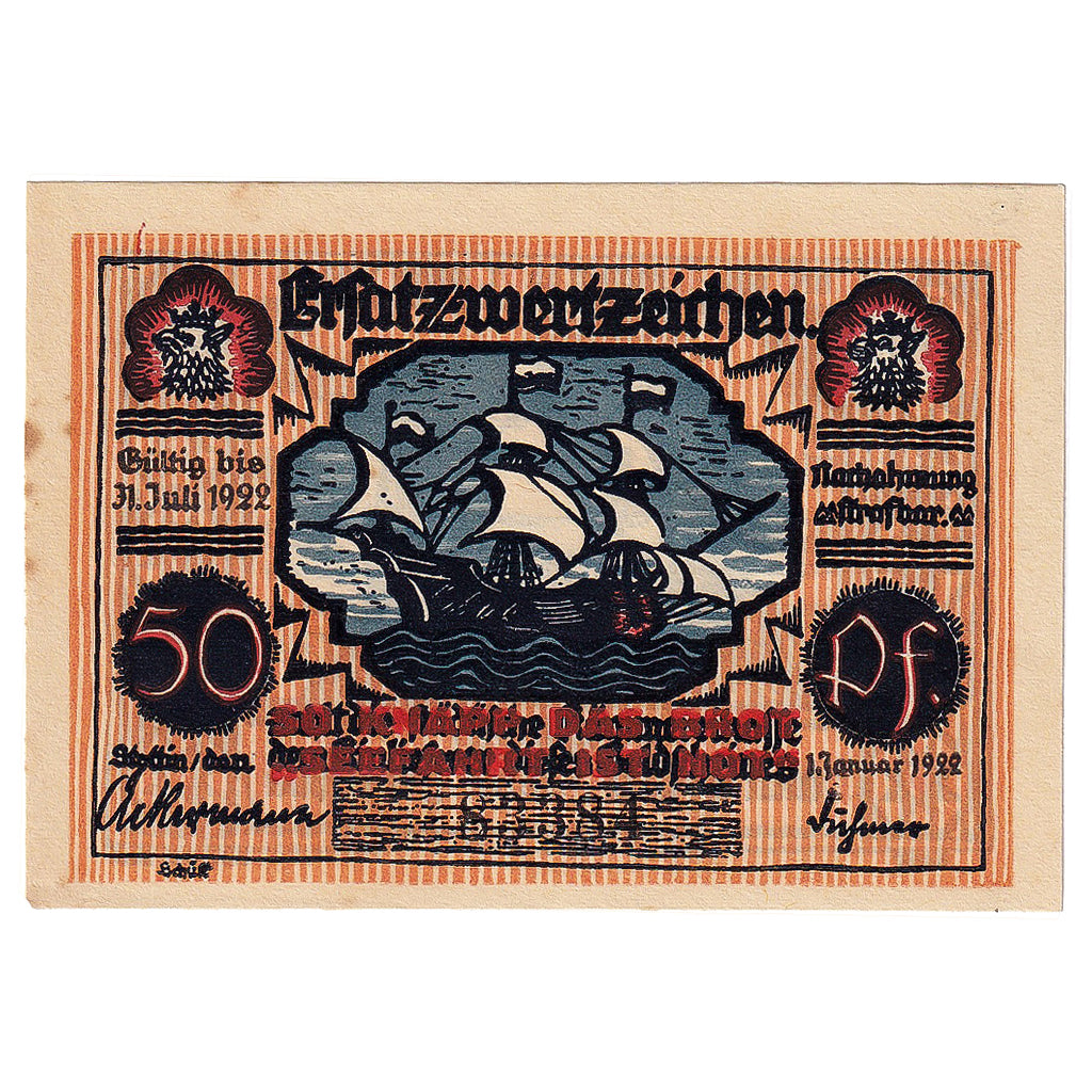 Banknote, Germany, Stettin, 50 Pfennig, bateau, 1922 AU(55-58) Mehl:1270.4