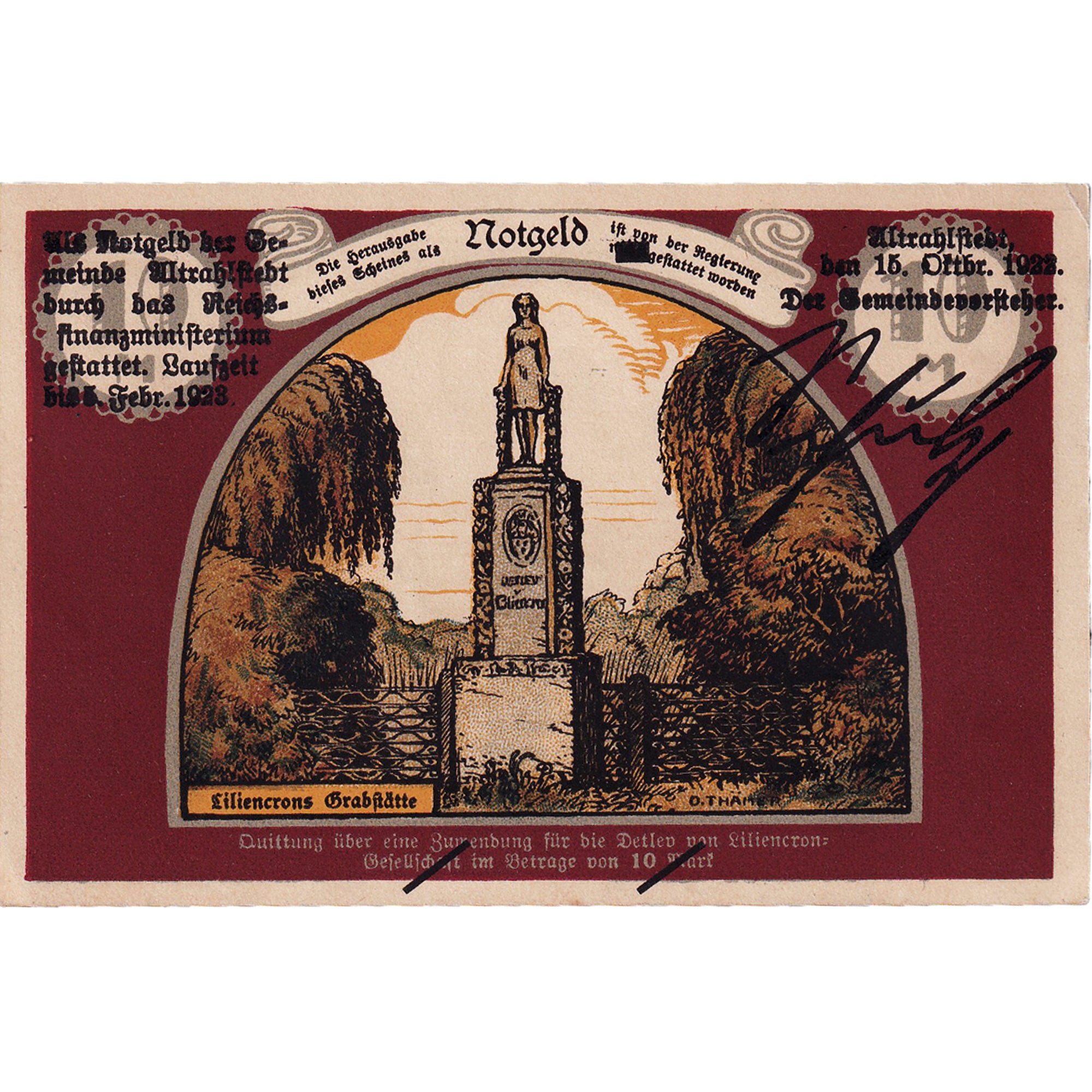 Banknote, Germany, Altrahlstedt, 10 Mark, Monument, 1922 UNC(63) Mehl:31.1