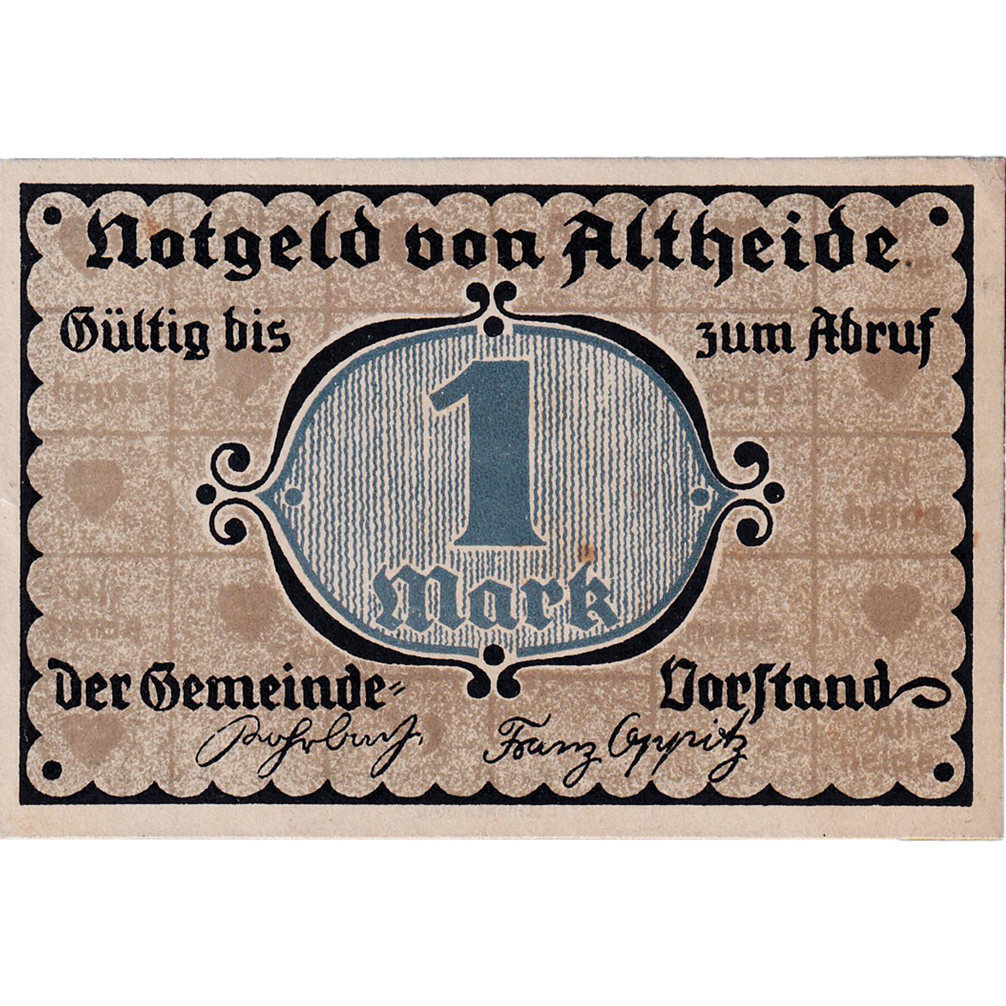 Banknote, Germany, Altheide, 1 Mark, Monument, 1921, UNC(63), Mehl:28.1