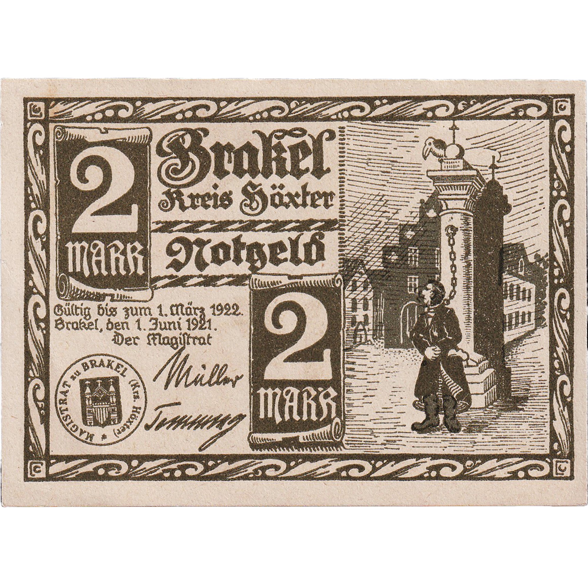 Banknote, Germany, Brakel, 2 Mark, personnage, 1921 UNC(63) Mehl:150.3a