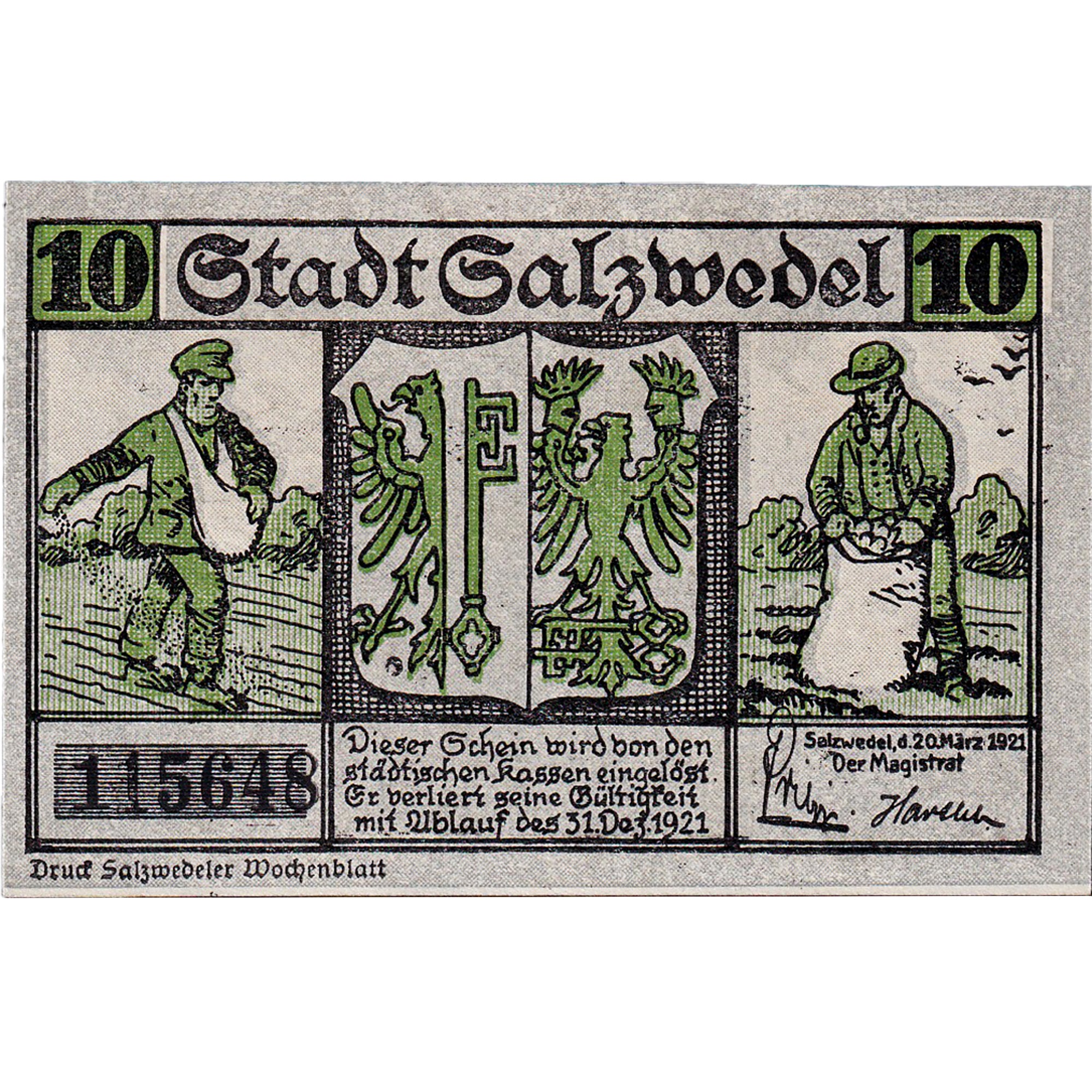 Banconote, Germania, Salzwedel, 10 Pfennig, tour, 1921 SPL Mehl:1162.1a