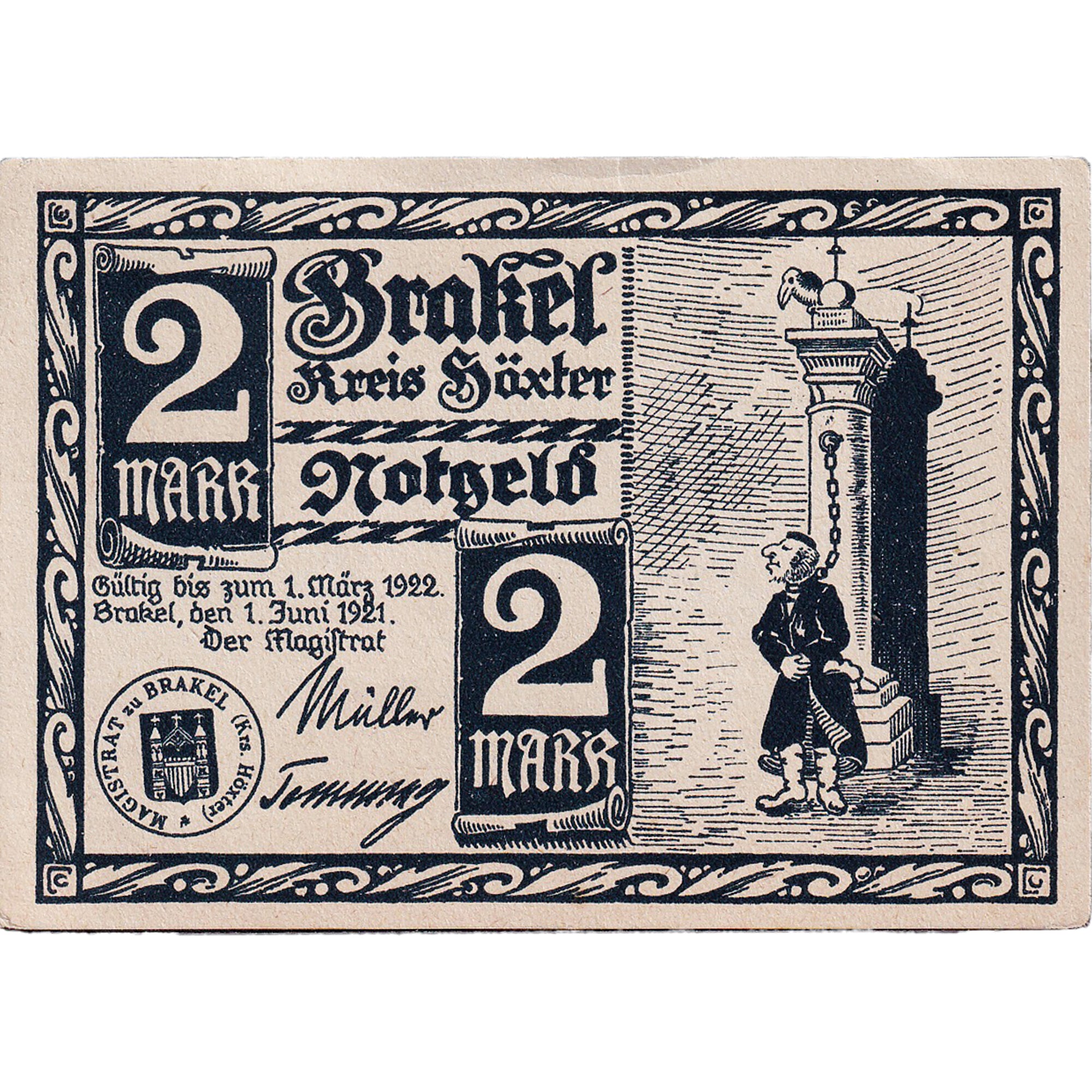 Banconote, Germania, Brakel, 2 Mark, Monument, 1921, 1921-06-01, SPL, Mehl:150.1