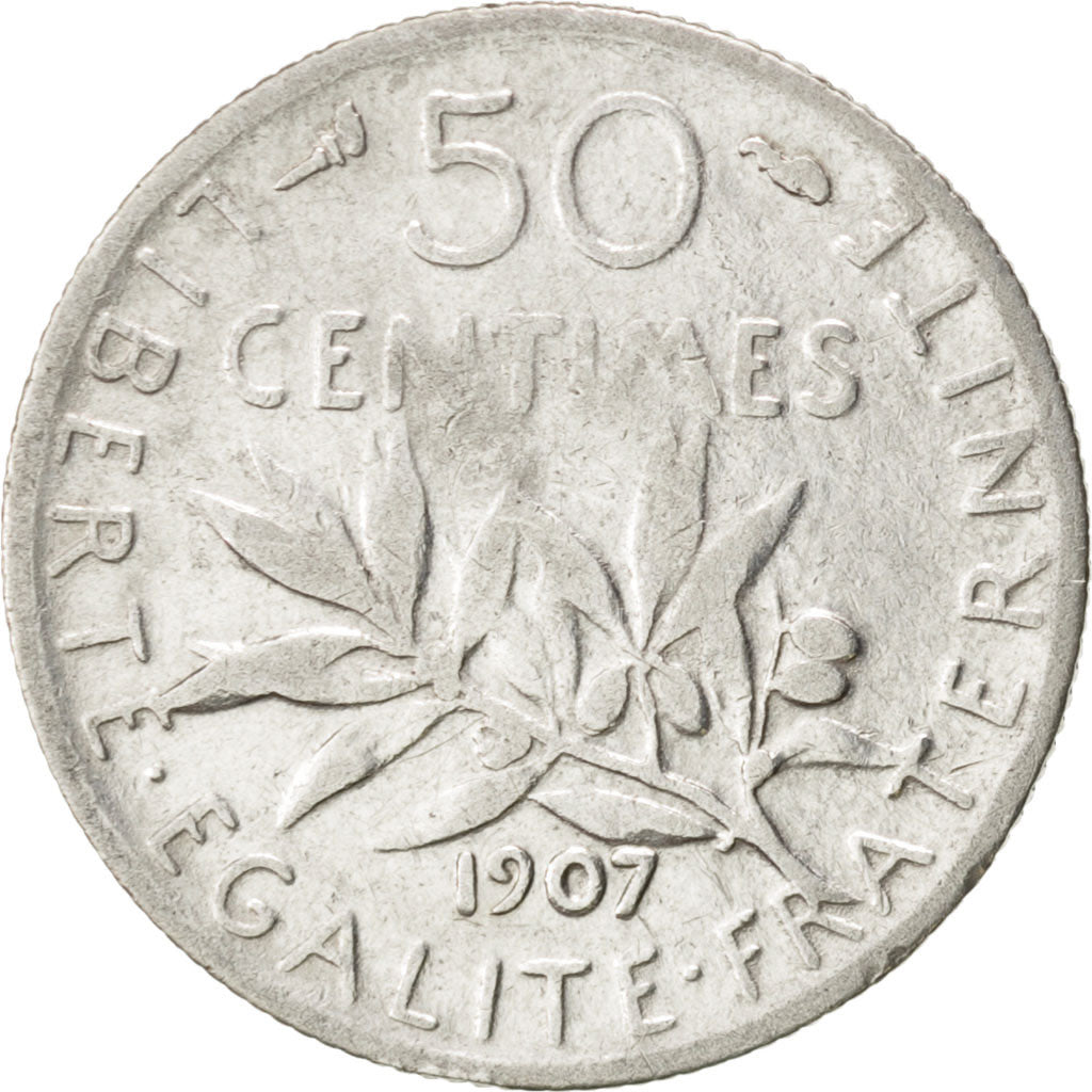 FRANCE, Semeuse, 50 Centimes, 1907, Paris, KM #854, VF(20-25), Silver, 18.1,...