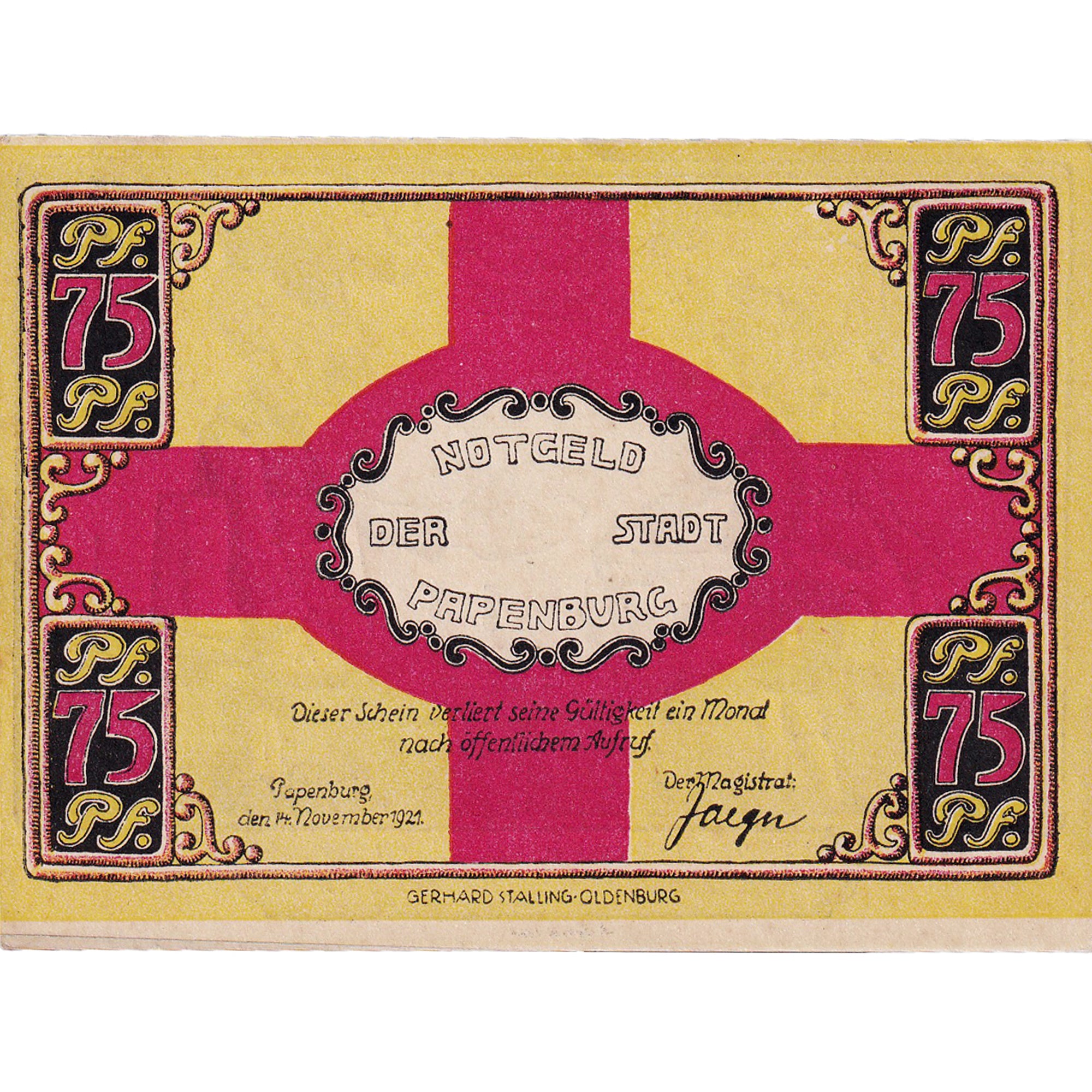 Banknote, Germany, Papenburg, 75 Pfennig, personnage, 1921 UNC(63) Mehl:1044.1