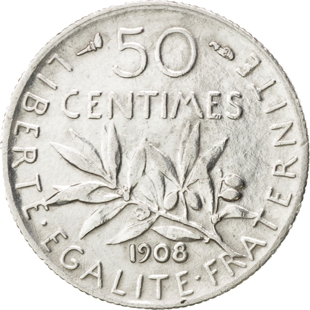 FRANCE, Semeuse, 50 Centimes, 1908, Paris, KM #854, EF(40-45), Silver, 18.1,...