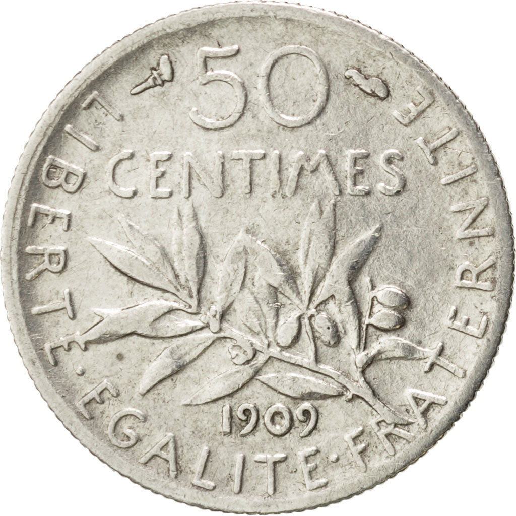 FRANCE, Semeuse, 50 Centimes, 1909, Paris, KM #854, VF(30-35), Silver, 18.1,...