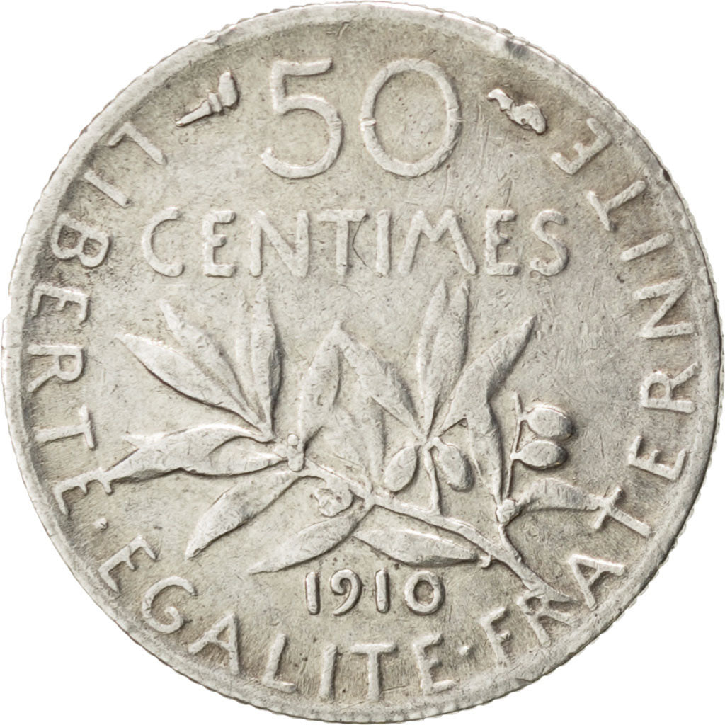 FRANCE, Semeuse, 50 Centimes, 1910, Paris, KM #854, VF(30-35), Silver, 18.1,...