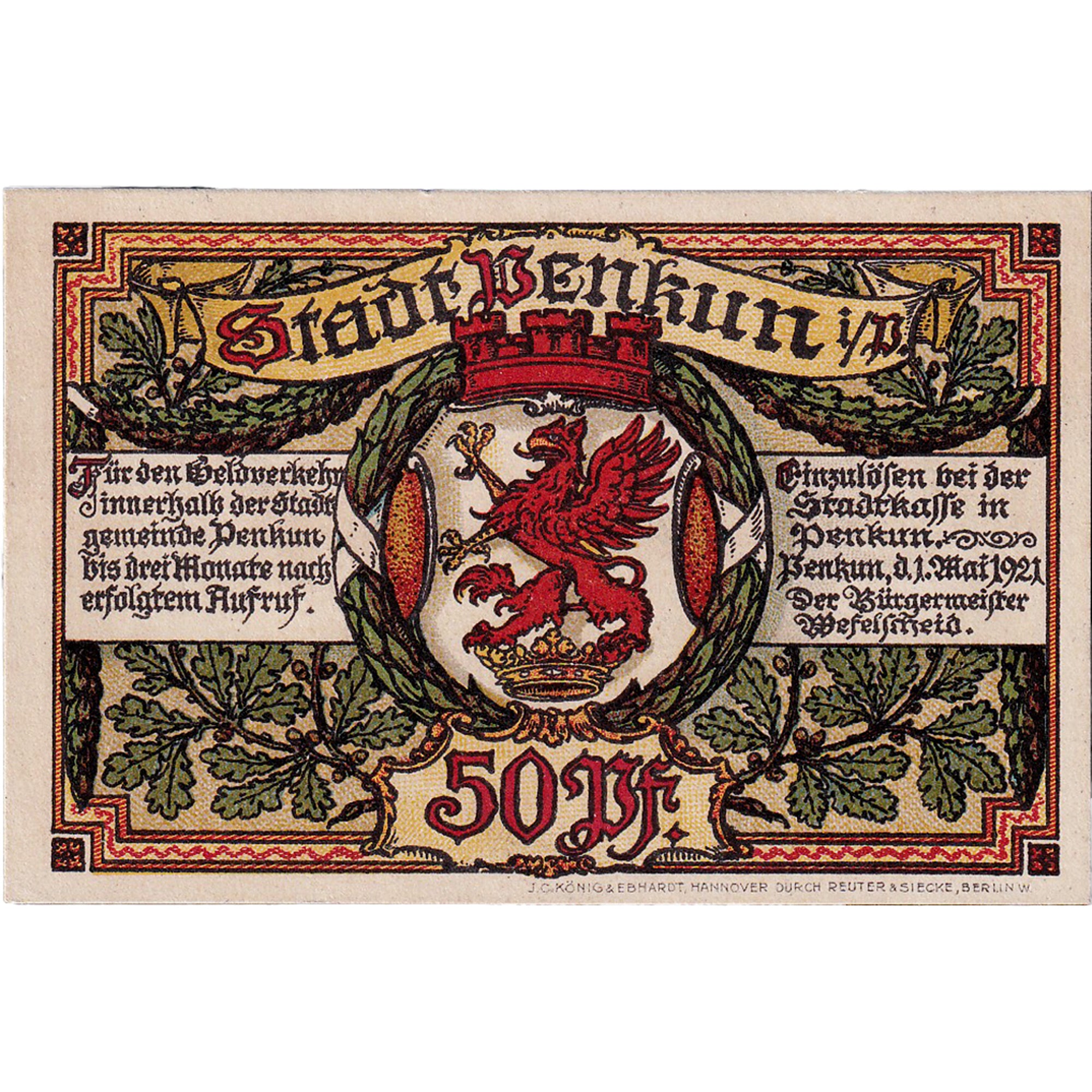 Banconote, Germania, Penkun, 50 Pfennig, aigle, 1921 SPL Mehl:1054.1