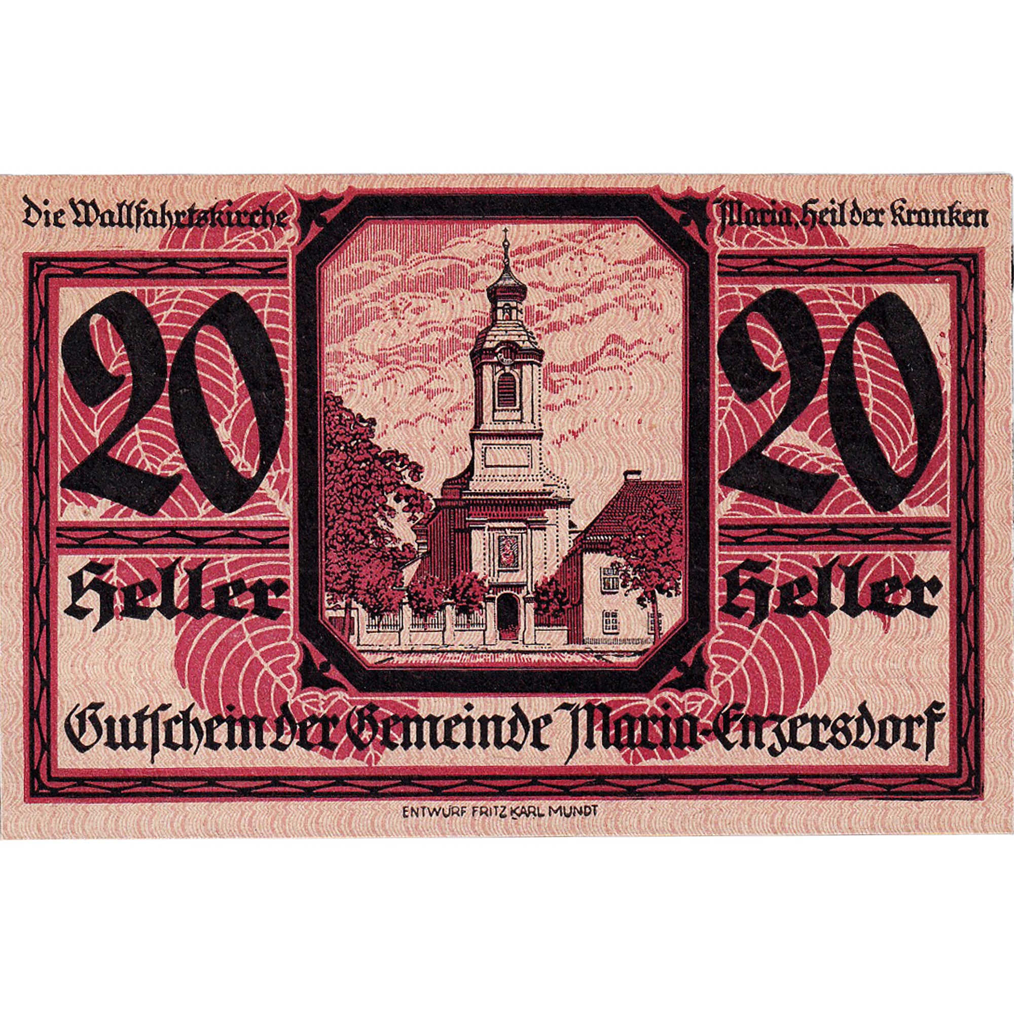 Banconote, Austria, Enzersdorf, 20 Heller, Eglise 1920-12-31, SPL Mehl:FS 582a