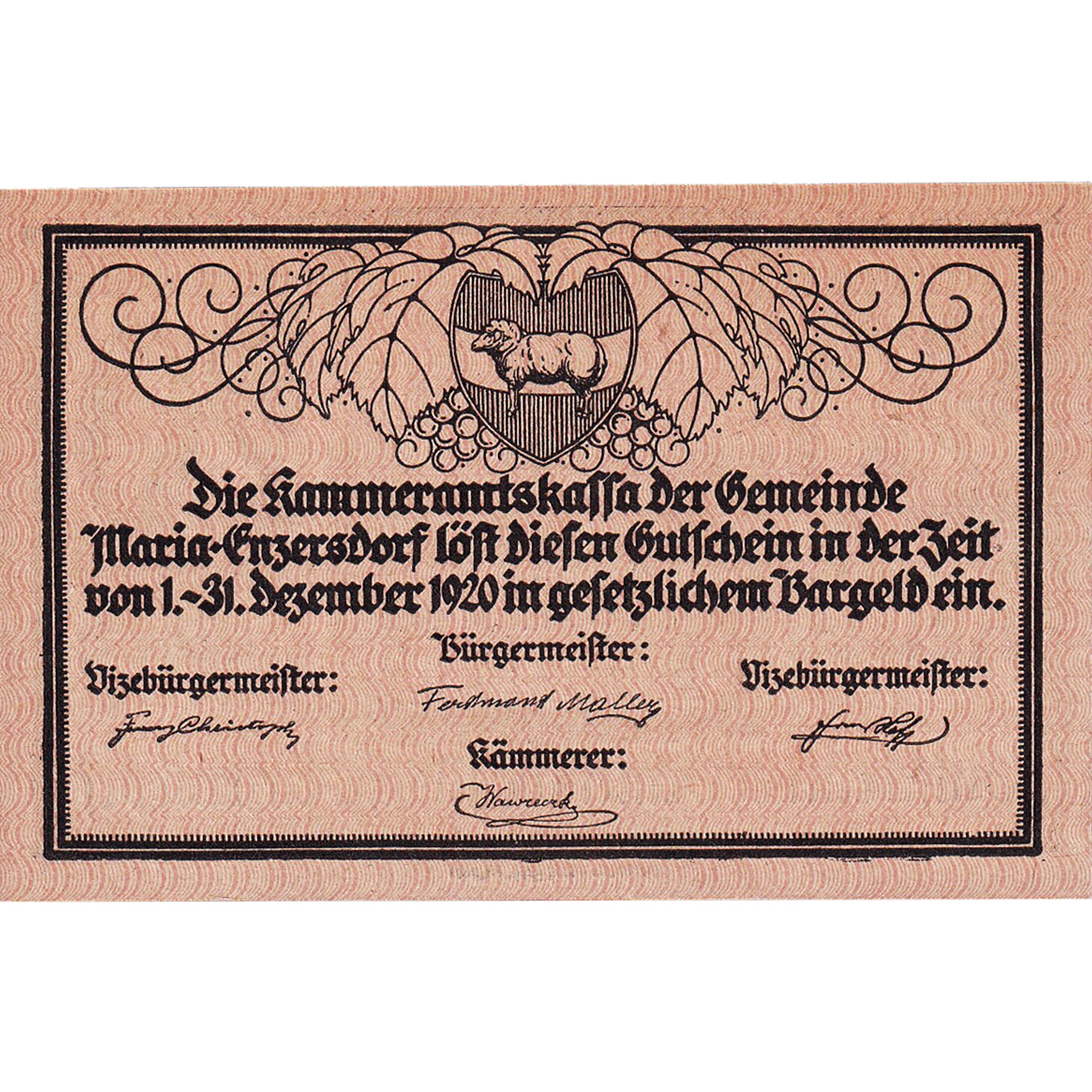 Banconote, Austria, Enzersdorf, 20 Heller, Eglise 1920-12-31, SPL Mehl:FS 582a
