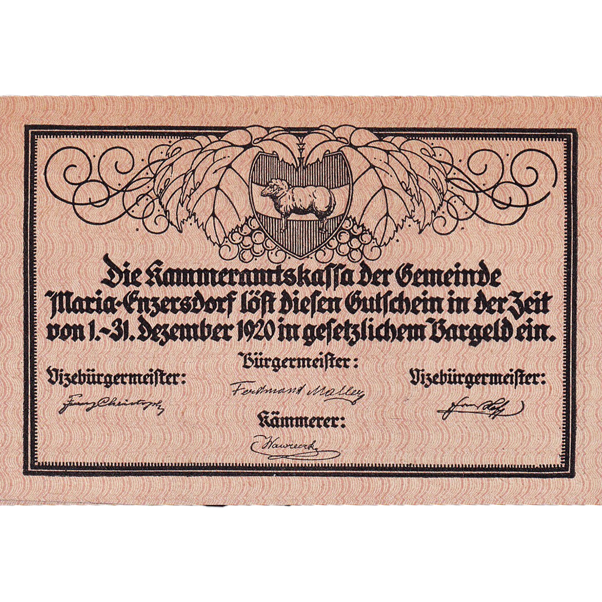 Banconote, Austria, Enzersdorf, 50 Heller, village, 1920 SPL Mehl:FS 582a