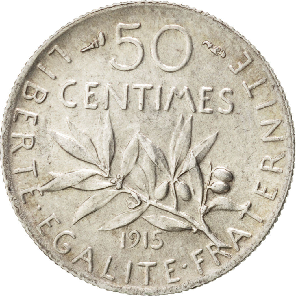 FRANCE, Semeuse, 50 Centimes, 1915, Paris, KM #854, AU(55-58), Silver, 18.1,...