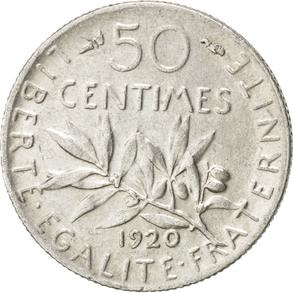FRANCE, Semeuse, 50 Centimes, 1920, Paris, KM #854, AU(55-58), Silver, 18.1,...