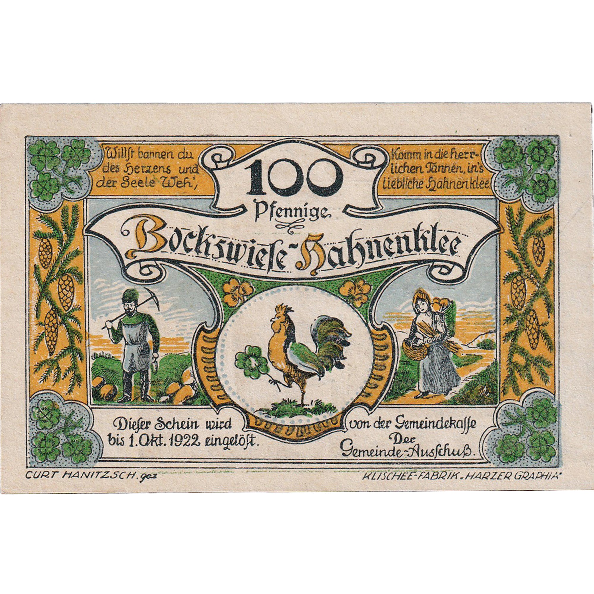 Banknote, Germany, Bockswiese, 100 Pfennig, château, 1922 UNC(63) Mehl:131.1