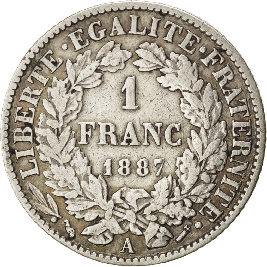 FRANCE, Cérès, Franc, 1887, Paris, KM #822.1, EF(40-45), Silver, 23, Gadoury #..