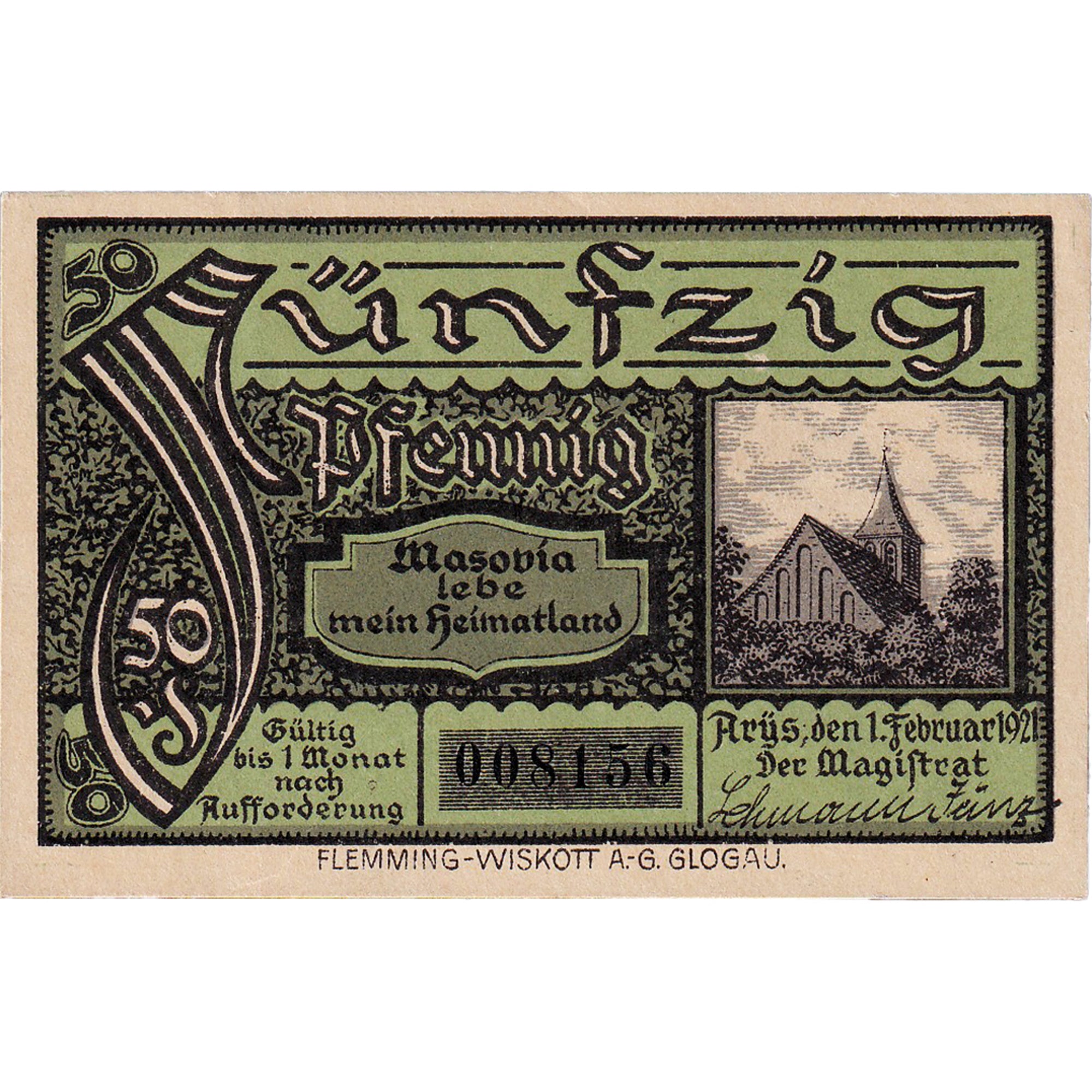 Banknote, Germany, Arys, 50 Pfennig, aigle 1921-02-01, UNC(63) Mehl:47.1a