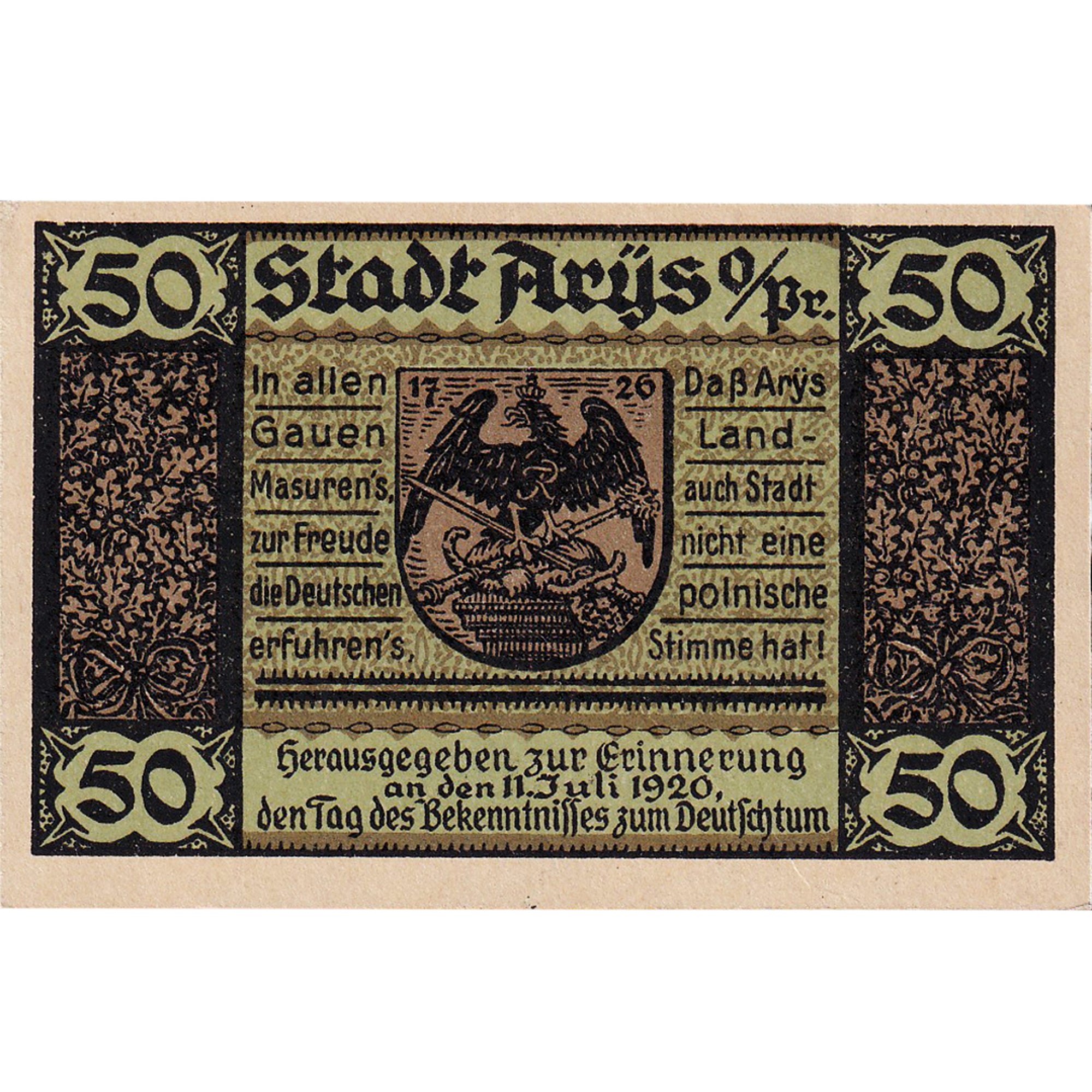 Banknote, Germany, Arys, 50 Pfennig, aigle 1921-02-01, UNC(63) Mehl:47.1a