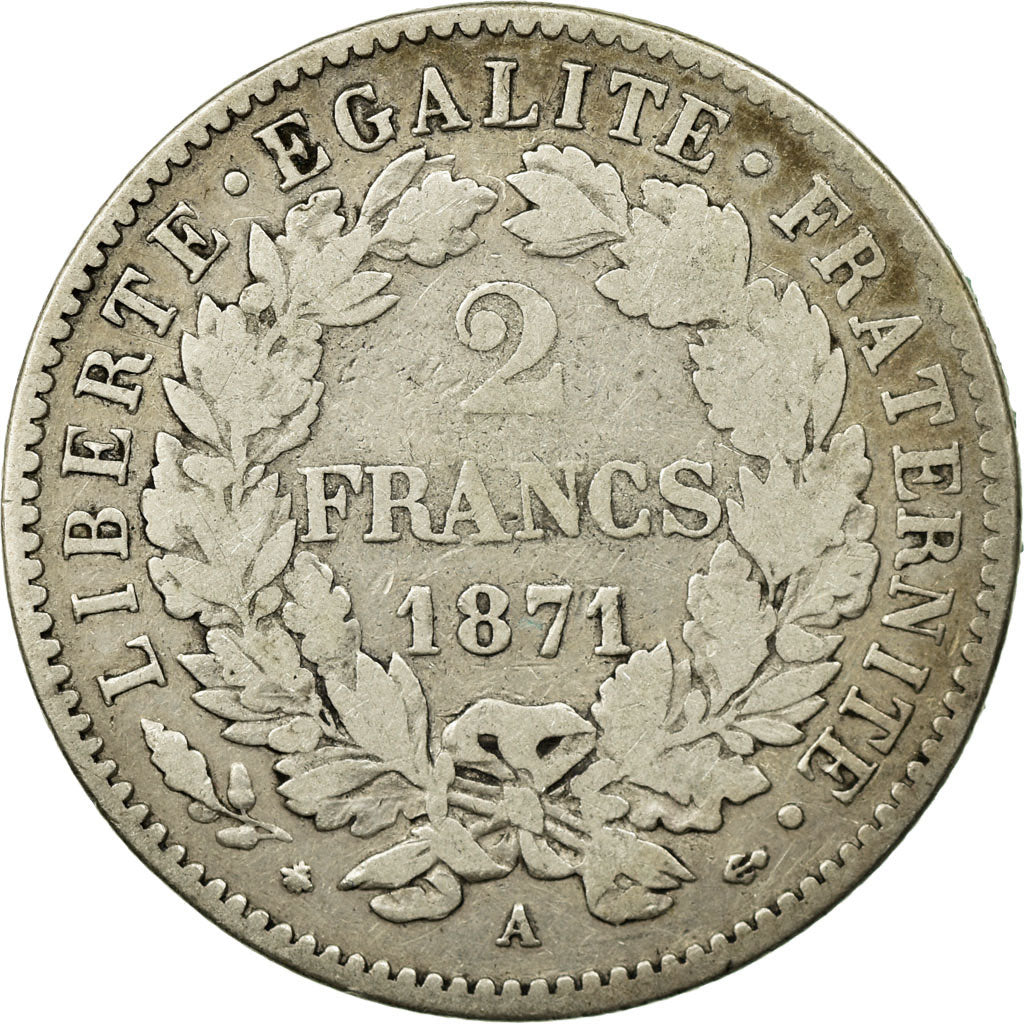 Coin, France, Cérès, 2 Francs, 1871, Paris, VF(20-25), Silver, KM:817.1