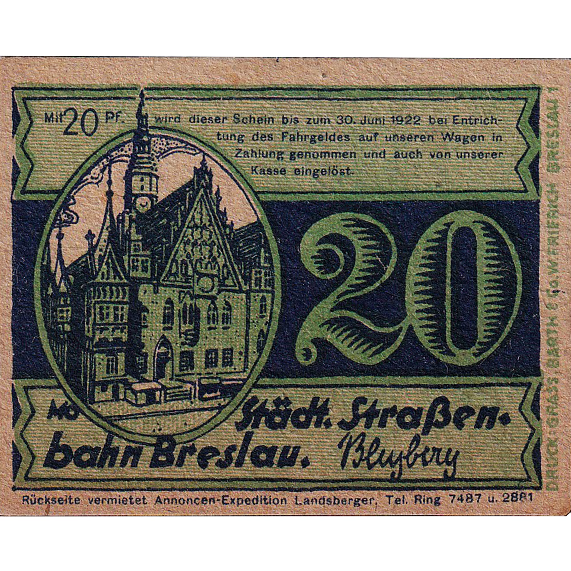 Banknote, Germany, Breslau, 20 Pfennig, Eglise, 1922, UNC(63), Mehl:187.1