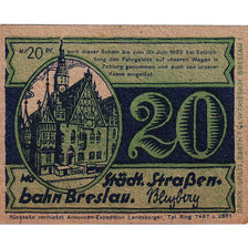 Banknote, Germany, Breslau, 20 Pfennig, Eglise, 1922, UNC(63), Mehl:187.1