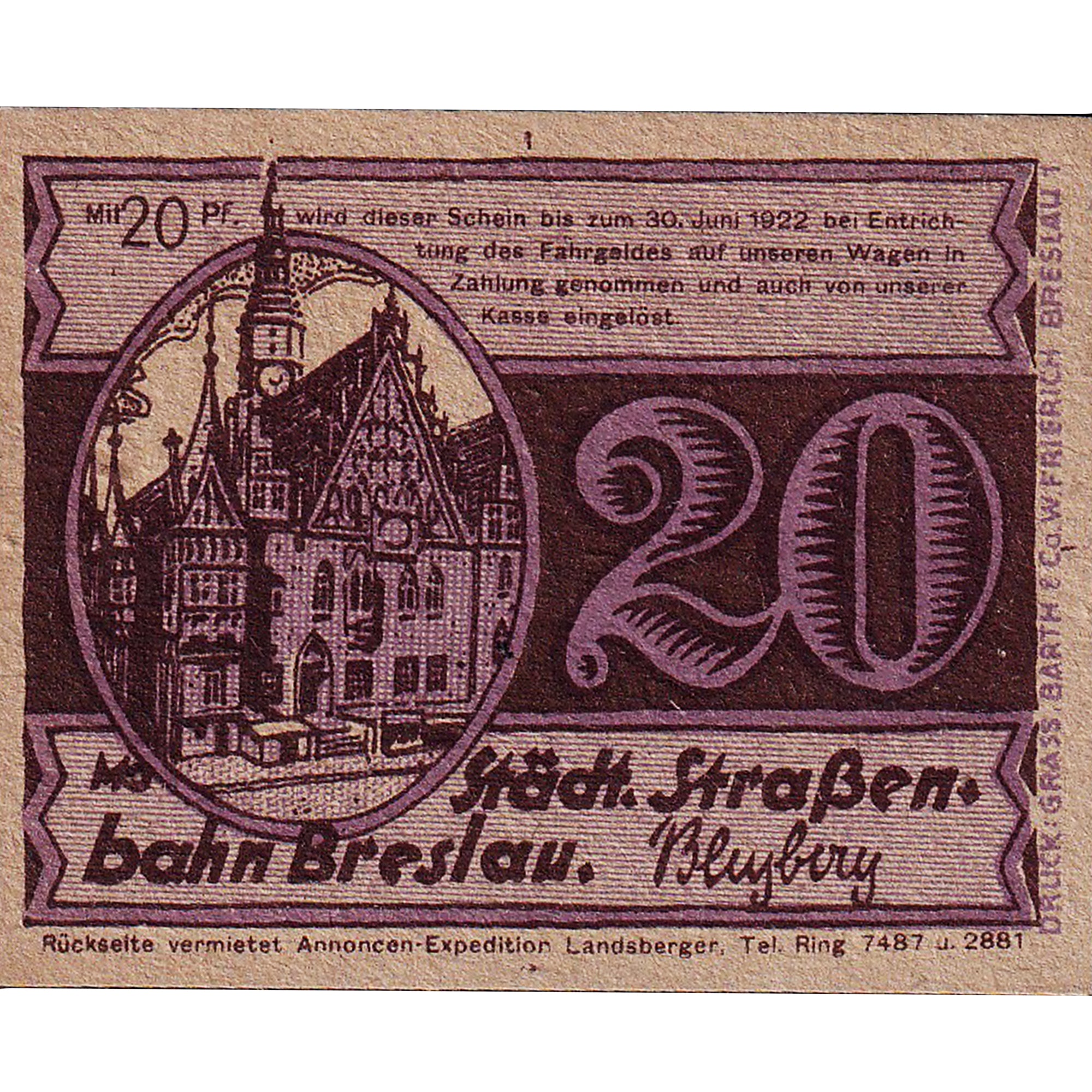 Banknote, Germany, Breslau, 20 Pfennig, Texte, 1922, UNC(63), Mehl:187.1