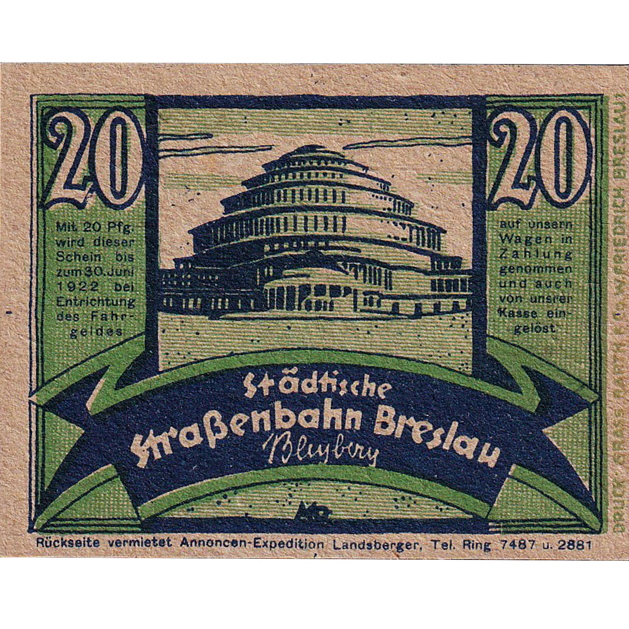 Banknote, Germany, Breslau, 20 Pfennig, Batiment, 1922, UNC(63), Mehl:187.1
