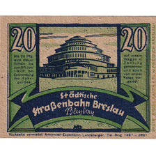Banknote, Germany, Breslau, 20 Pfennig, Batiment, 1922, UNC(63), Mehl:187.1
